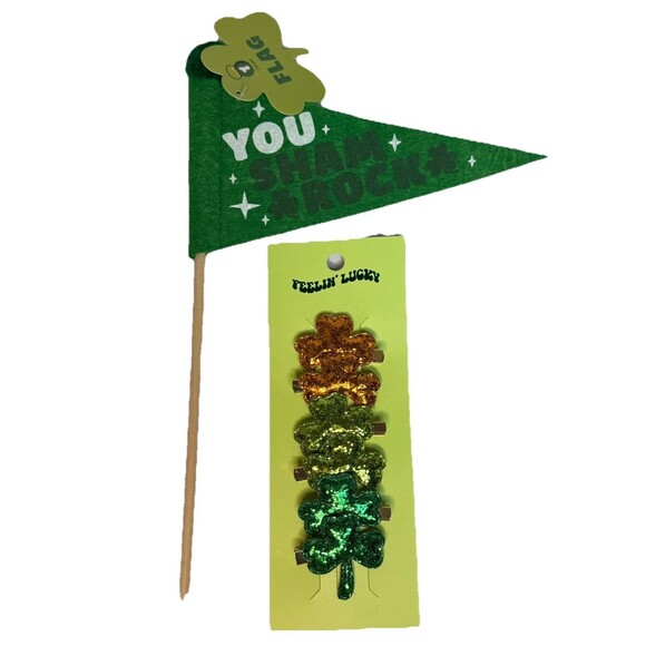 6 Glitter Green & Orange Clover Hair Clips And You Sham Rock Flag New! - Picture 1 of 7
